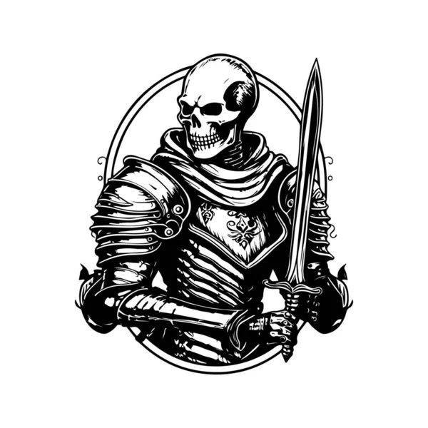 Esqueleto Cavaleiro Logotipo Vintage Linha Arte Conceito Preto Branco Cor —  Vetores de Stock