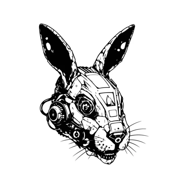 Kaninchen Cyborg Vintage Logo Linie Kunstkonzept Schwarz Weiß Farbe Handgezeichnete — Stockvektor