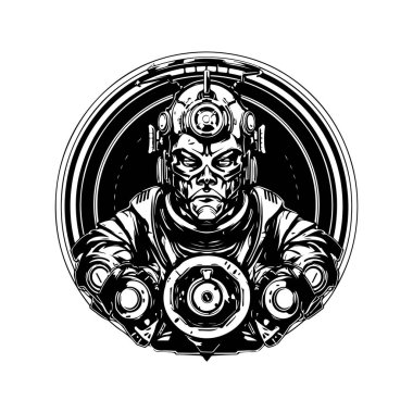 cyborg master, klasik logo çizgisi sanat konsepti siyah-beyaz renk, el çizimi illüstrasyon