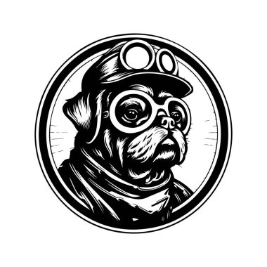 Tarihçi köpek, klasik logo çizgisi sanat konsepti siyah beyaz renk, el çizimi illüstrasyon