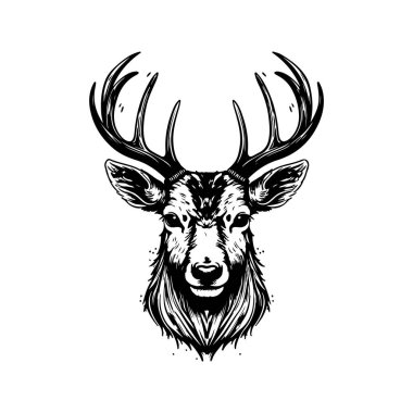 Geyik kafası, klasik logo çizgisi sanat konsepti siyah beyaz renk, el çizimi illüstrasyon