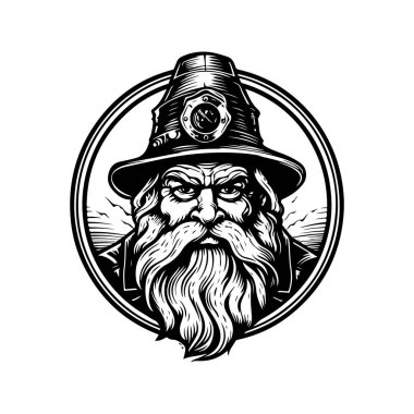 Cüce, klasik logo çizgisi sanat konsepti siyah ve beyaz, el çizimi illüstrasyon