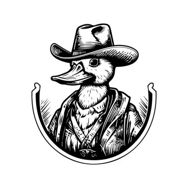 Kovboy ördeği, klasik logo çizgisi sanat konsepti siyah beyaz renk, el çizimi illüstrasyon