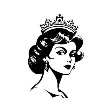 Adil kraliçe, klasik logo çizgisi sanat konsepti siyah beyaz renk, el çizimi illüstrasyon