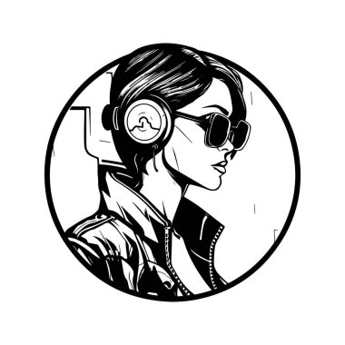 Moda siber punk kızı, klasik logo çizgisi sanat konsepti siyah-beyaz renk, el çizimi illüstrasyon