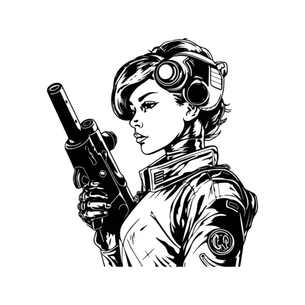 带着枪的机器人女孩 老式标识线条艺术概念黑白色彩 手绘插图 — 图库矢量图片