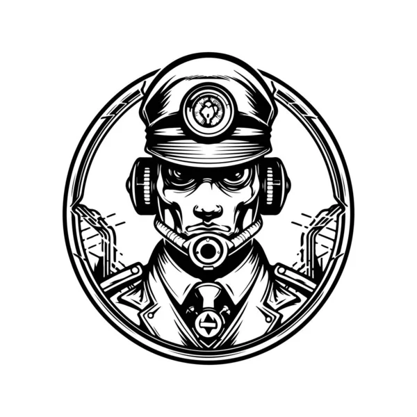 Cyborg Medic Logo Vintage Linea Art Concept Colore Bianco Nero — Vettoriale Stock