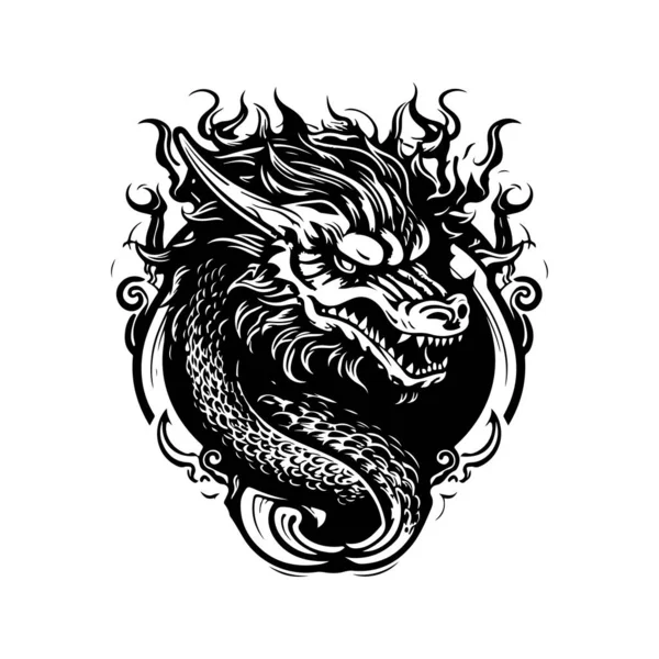 Gevaarlijke Draak Vintage Logo Lijn Kunst Concept Zwart Wit Kleur — Stockvector