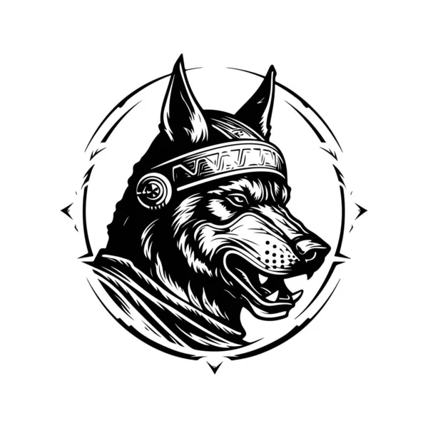 犬の戦士 ヴィンテージロゴラインアートのコンセプト黒と白 手描きイラスト — ストックベクタ