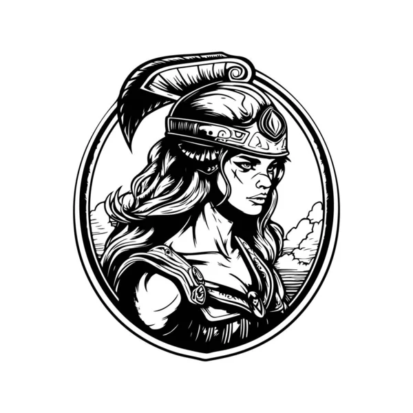 Guerreiro Amazônico Feminino Conceito Arte Linha Logotipo Vintage Cor Preta —  Vetores de Stock