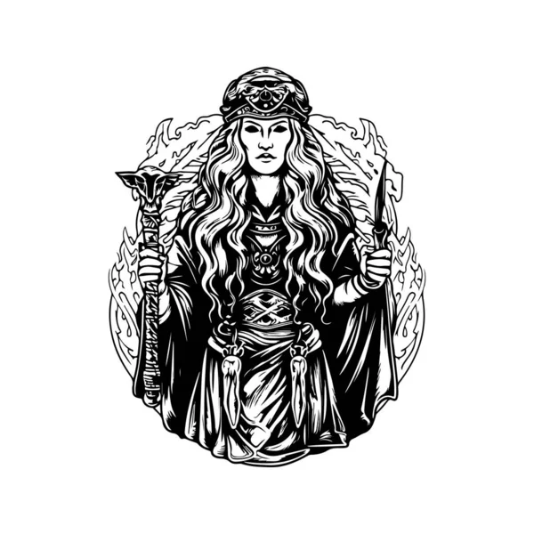 女神像 老式标志线条艺术概念黑白色彩 手绘插图 — 图库矢量图片