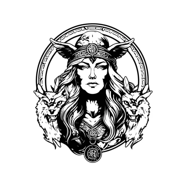 Female Goddess Vintage Logo Line Art Concept Black White Color — Stock Vector