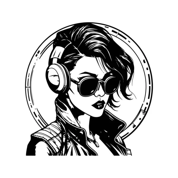 Mode Fille Cyberpunk Vintage Logo Ligne Art Concept Noir Blanc — Image vectorielle
