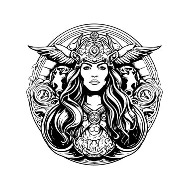 Kadın tanrıça, klasik logo çizgisi sanat konsepti siyah beyaz renk, el çizimi illüstrasyon
