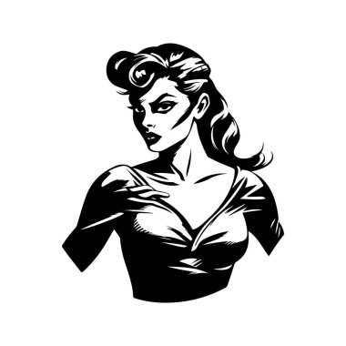 female superhero, vintage logo line art concept black and white color, hand drawn illustration clipart