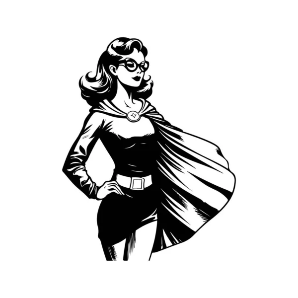 Vrouwelijke Superheld Vintage Logo Lijn Kunst Concept Zwart Wit Kleur — Stockvector