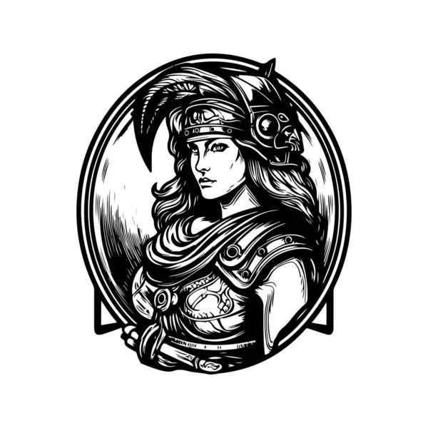 女性戦士 ヴィンテージロゴラインアートのコンセプト黒と白 手描きイラスト — ストックベクタ