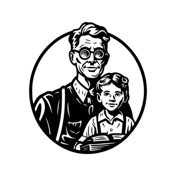 Grandfather Grandchildren Vintage Logo Line Art Concept Black White Color — Stock Vector
