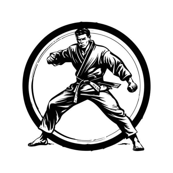 Atletische Martial Artist Vintage Logo Lijn Kunst Concept Zwart Wit — Stockvector