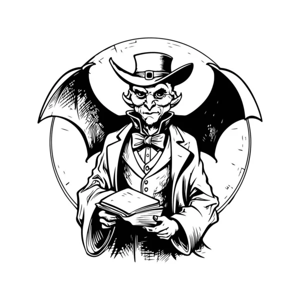 Demon Bat Vintage Logo Lijn Kunst Concept Zwart Wit Kleur — Stockvector