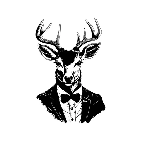 Businessman Deer Vintage Logo Line Art Concept Black White Color — Stock Vector