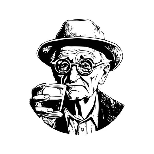 Пьяный Старик Винтажный Логотип Линии Художественной Концепции Черно Белый Цвет — стоковый вектор