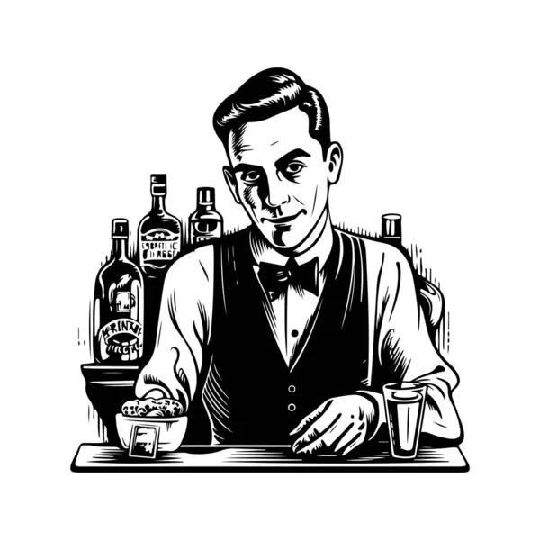 Barman Vintage Logo Línea Arte Concepto Negro Blanco Color Ilustración — Vector de stock