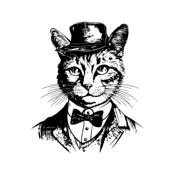 Anthropomorphe Katze Vintage Logo Linie Kunstkonzept Schwarz Weiß Farbe Handgezeichnete — Stockvektor