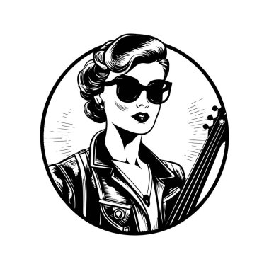 Kadın gitarist, klasik logo çizgisi sanat konsepti siyah beyaz renk, el çizimi illüstrasyon