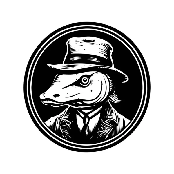 Antropomorfik Mersin Balığı Klasik Logo Çizgisi Sanat Konsepti Siyah Beyaz — Stok Vektör