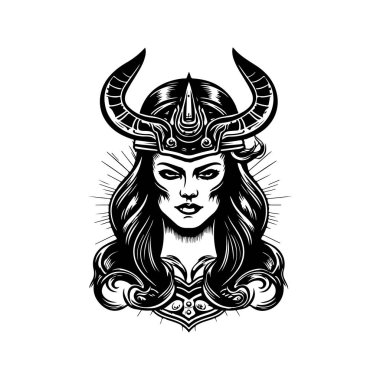 Kadın Viking, klasik logo çizgisi sanat konsepti siyah beyaz renk, el çizimi illüstrasyon