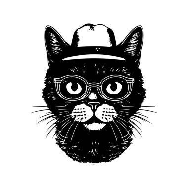 Komik hippi kedi, klasik logo çizgisi sanat konsepti siyah beyaz renk, el çizimi illüstrasyon