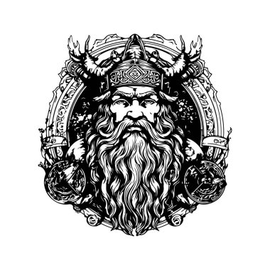 Odin, klasik logo çizgisi sanat konsepti siyah-beyaz renk, el çizimi illüstrasyon