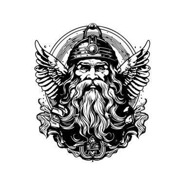 Odin, klasik logo çizgisi sanat konsepti siyah-beyaz renk, el çizimi illüstrasyon