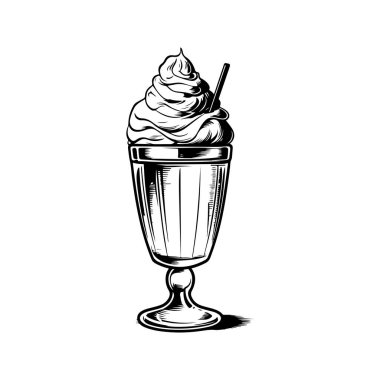 Uzun bardakta dondurma, klasik logo çizgisi sanat konsepti siyah beyaz, el çizimi illüstrasyon