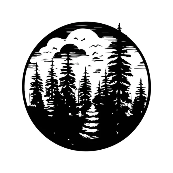 Orman Klasik Logo Çizgisi Sanat Konsepti Siyah Beyaz Renk Çizimi — Stok Vektör