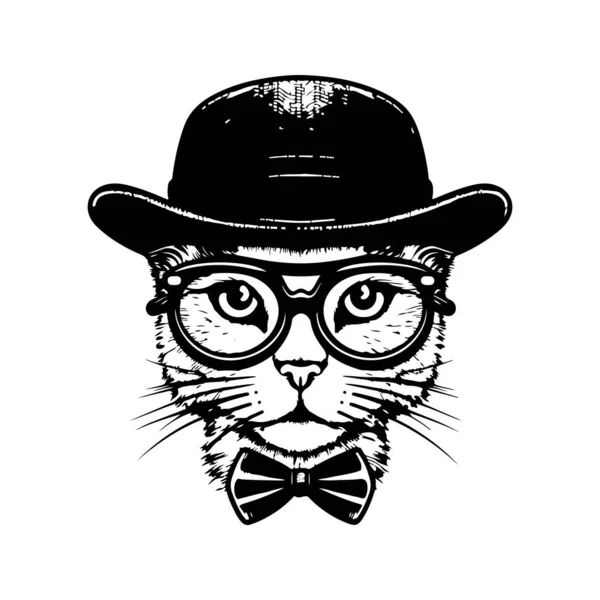 Witzige Hipster Katze Vintage Logo Linie Kunstkonzept Schwarz Weiß Handgezeichnete — Stockvektor