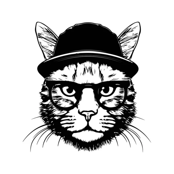 Witzige Hipster Katze Vintage Logo Linie Kunstkonzept Schwarz Weiß Handgezeichnete — Stockvektor