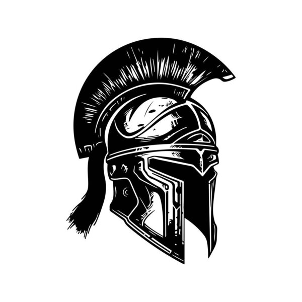 helmet of the spartan, vintage logo line art concept black and white color, hand drawn illustration
