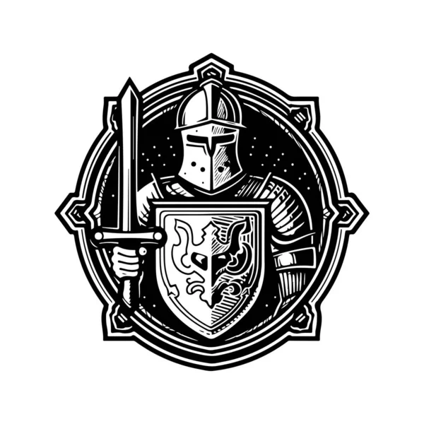Cavaliere Medievale Logo Vintage Linea Art Concept Colore Bianco Nero — Vettoriale Stock