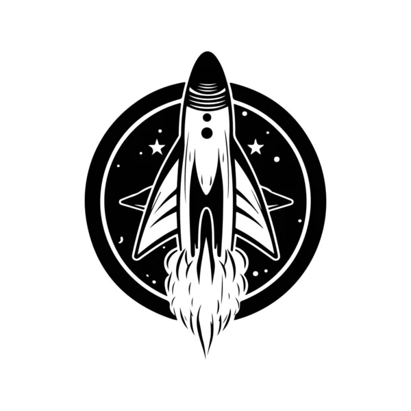 Roket Havada Uçuşuyor Klasik Logo Çizgisi Sanat Konsepti Siyah Beyaz — Stok Vektör
