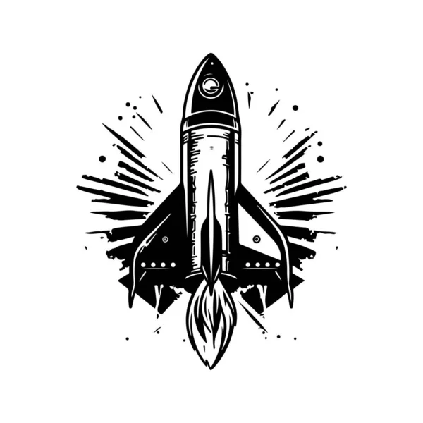 Roket Havada Uçuşuyor Klasik Logo Çizgisi Sanat Konsepti Siyah Beyaz — Stok Vektör