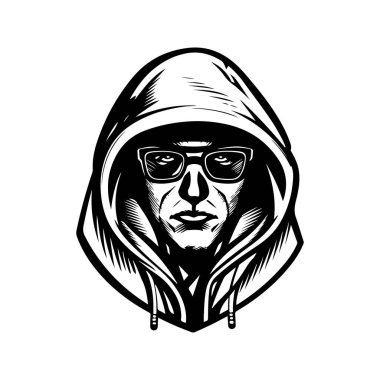 Kapüşonlu ve siber gözlüklü adam, klasik logo çizgisi sanat konsepti siyah ve beyaz, el çizimi illüstrasyon