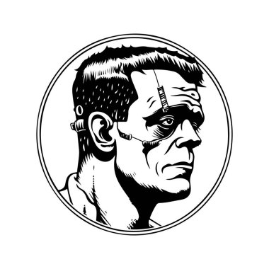 Frankenstein, klasik logo çizgisi sanat konsepti siyah-beyaz renk, el çizimi illüstrasyon
