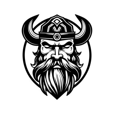 Gelecekçi Viking, klasik logo çizgisi sanat konsepti siyah beyaz renk, el çizimi illüstrasyon
