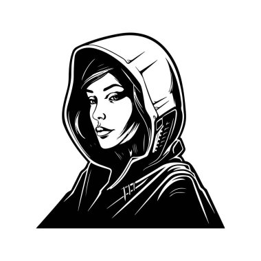 Kapüşonlu, klasik sanat konsepti siyah beyaz kapüşonlu fütürist kadın.