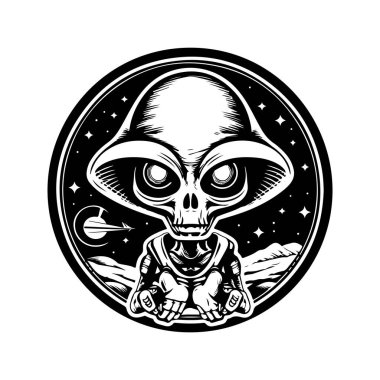 dev uzaylı, klasik logo çizgisi sanat konsepti siyah-beyaz renk, el çizimi illüstrasyon