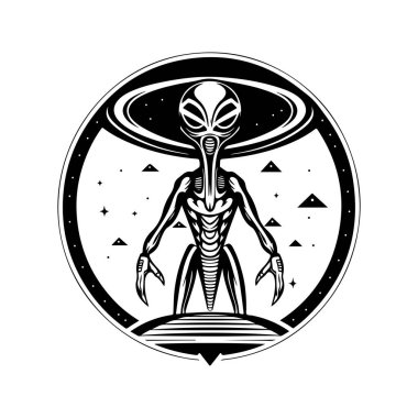 dev uzaylı, klasik logo çizgisi sanat konsepti siyah-beyaz renk, el çizimi illüstrasyon