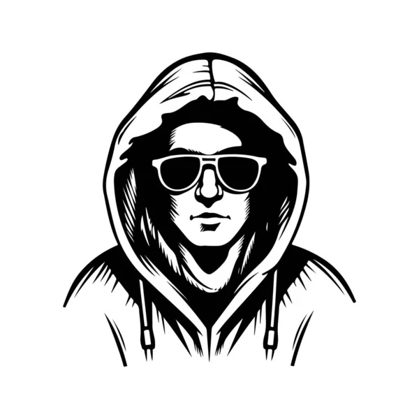 Kapüşonlu Siber Gözlüklü Adam Klasik Logo Çizgisi Sanat Konsepti Siyah — Stok Vektör