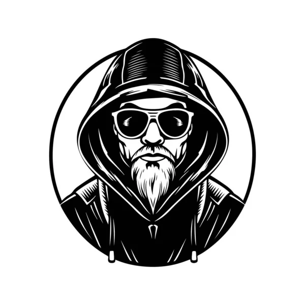 Людина Капюшоні Кібер Окулярах Вінтажний Логотип Лінії Мистецтва Концепції Чорно — стоковий вектор
